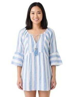 Blue Island White Blue Striped Bell Sleeve Coastal Swim Beach Cover Women Size M
